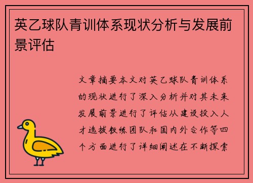 英乙球队青训体系现状分析与发展前景评估