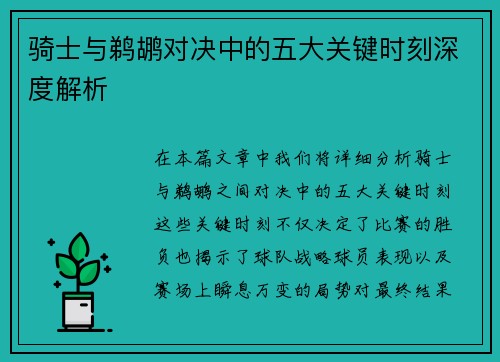 骑士与鹈鹕对决中的五大关键时刻深度解析
