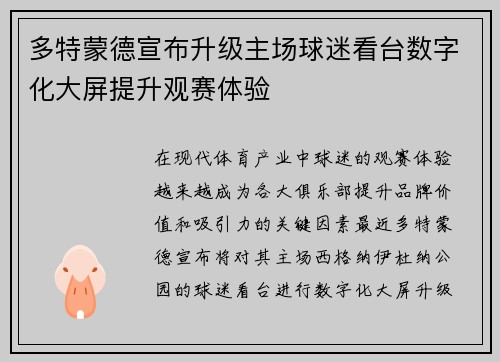 多特蒙德宣布升级主场球迷看台数字化大屏提升观赛体验